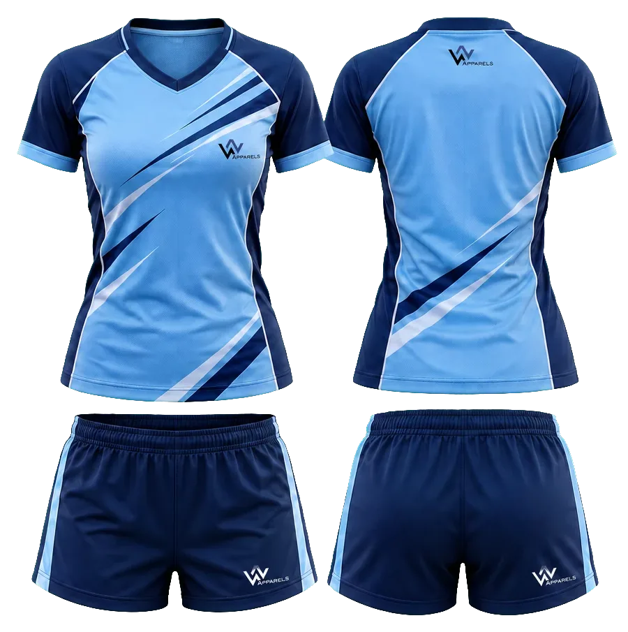 Volleyball kit by WhatsNext: jersey and bottoms in navy and sky blue
