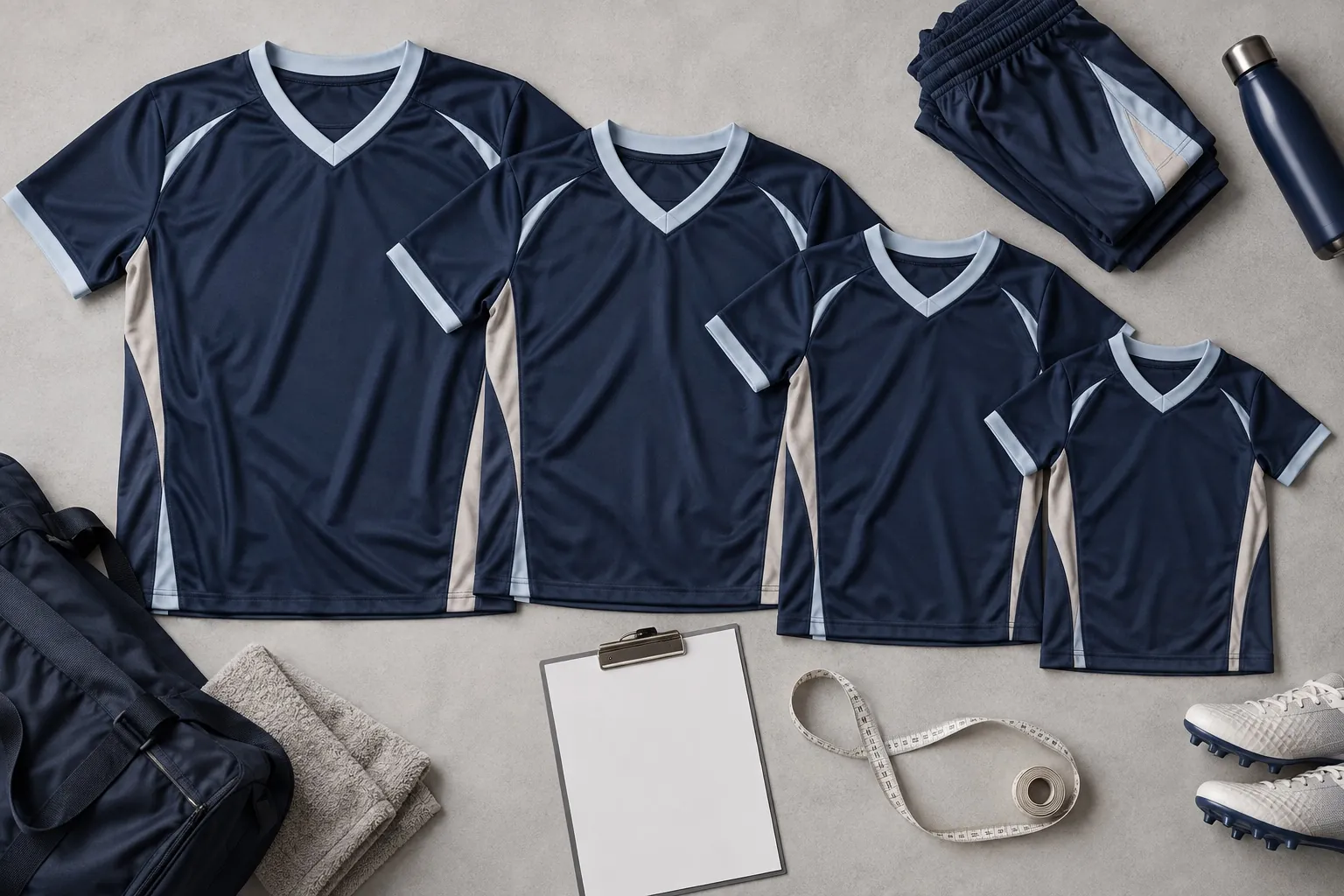 Four navy team jerseys laid out from largest to smallest, with shorts, a clipboard and a tape measure