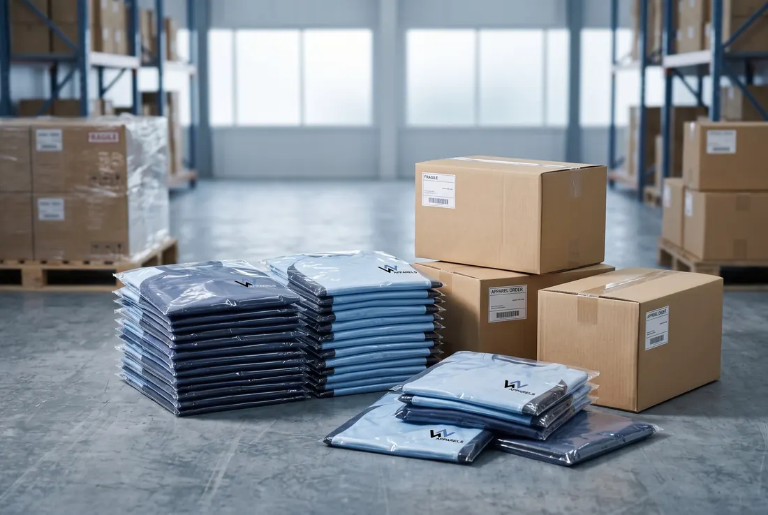 Folded team jerseys in polybags beside shipping cartons