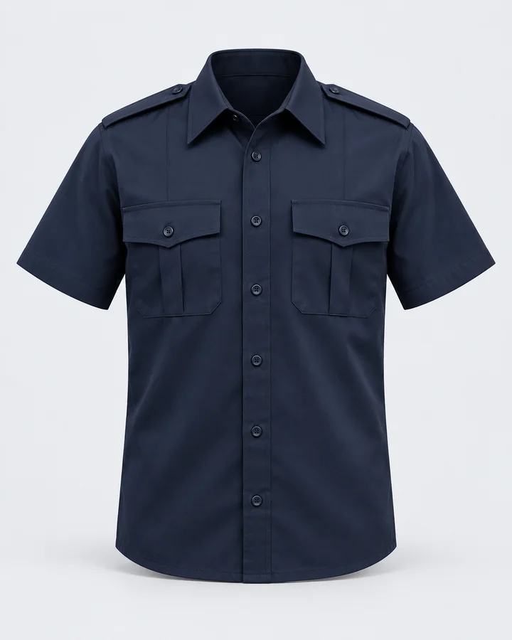 Navy short-sleeve uniform shirt with epaulettes and two flap chest pockets