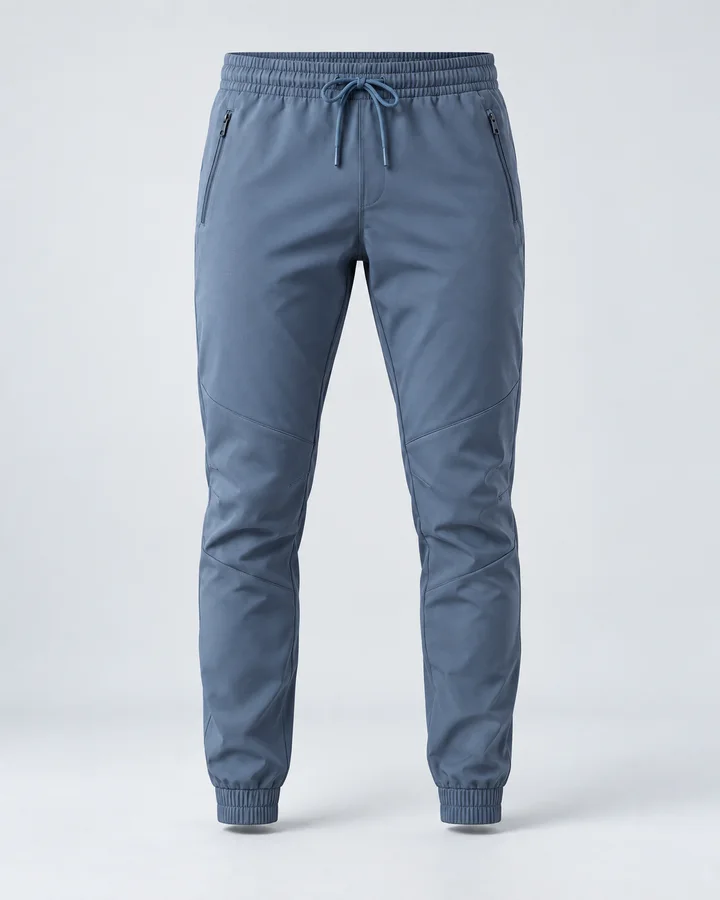 Steel-blue technical joggers with a drawcord waist, zip pocket and cuffed hems