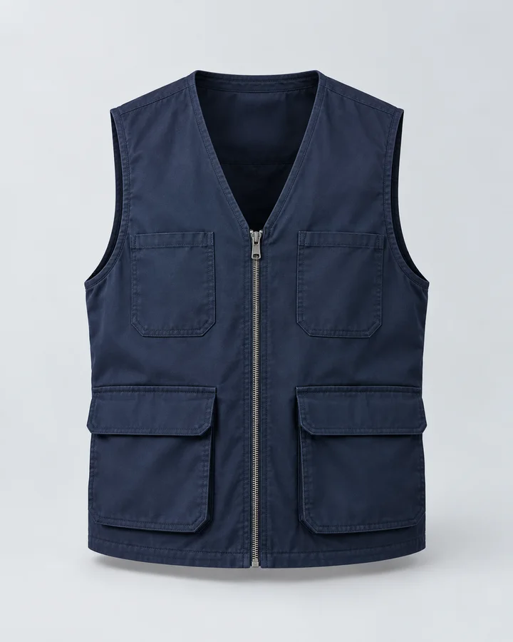 Navy utility vest with a centre zip and four flap pockets