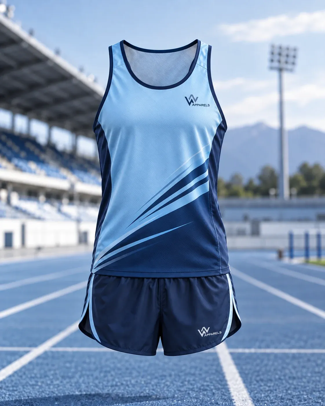 Sky-blue racing singlet and navy shorts on the track