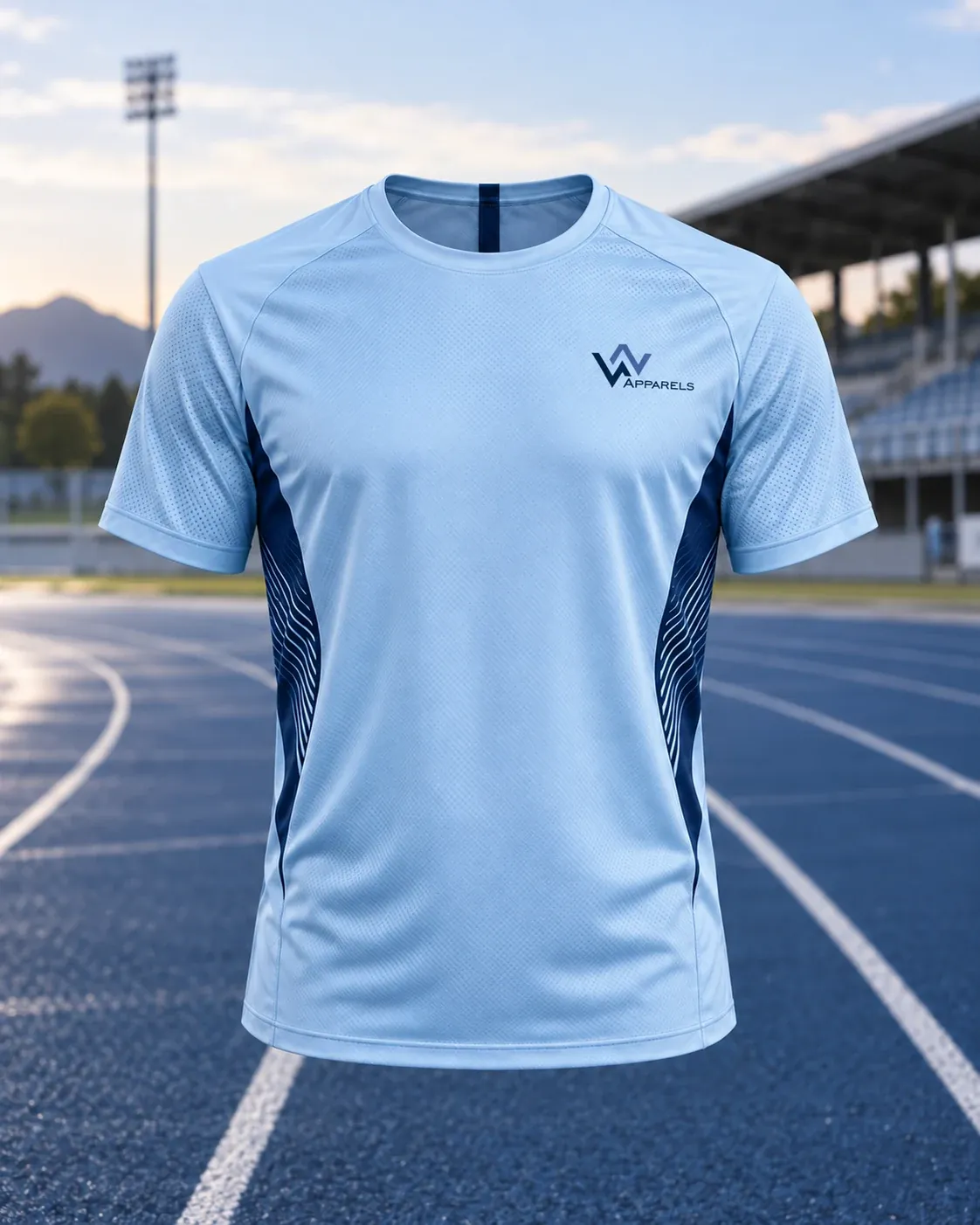 Sky-blue running tee with navy side panels