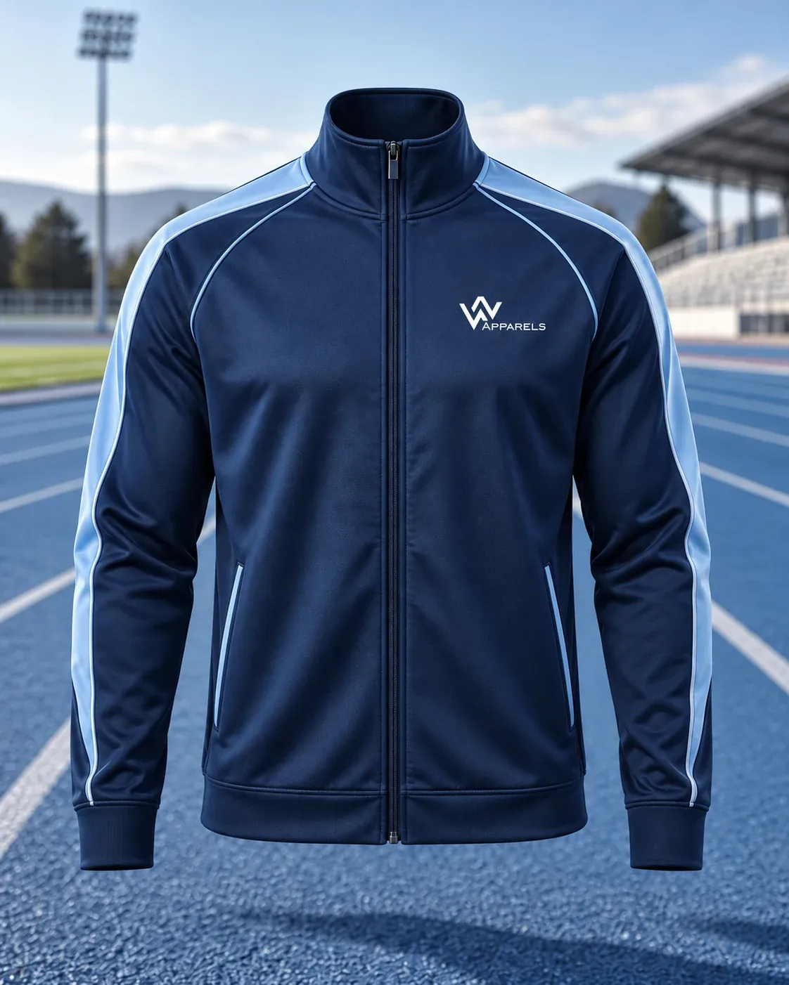 Navy full-zip track warm-up jacket