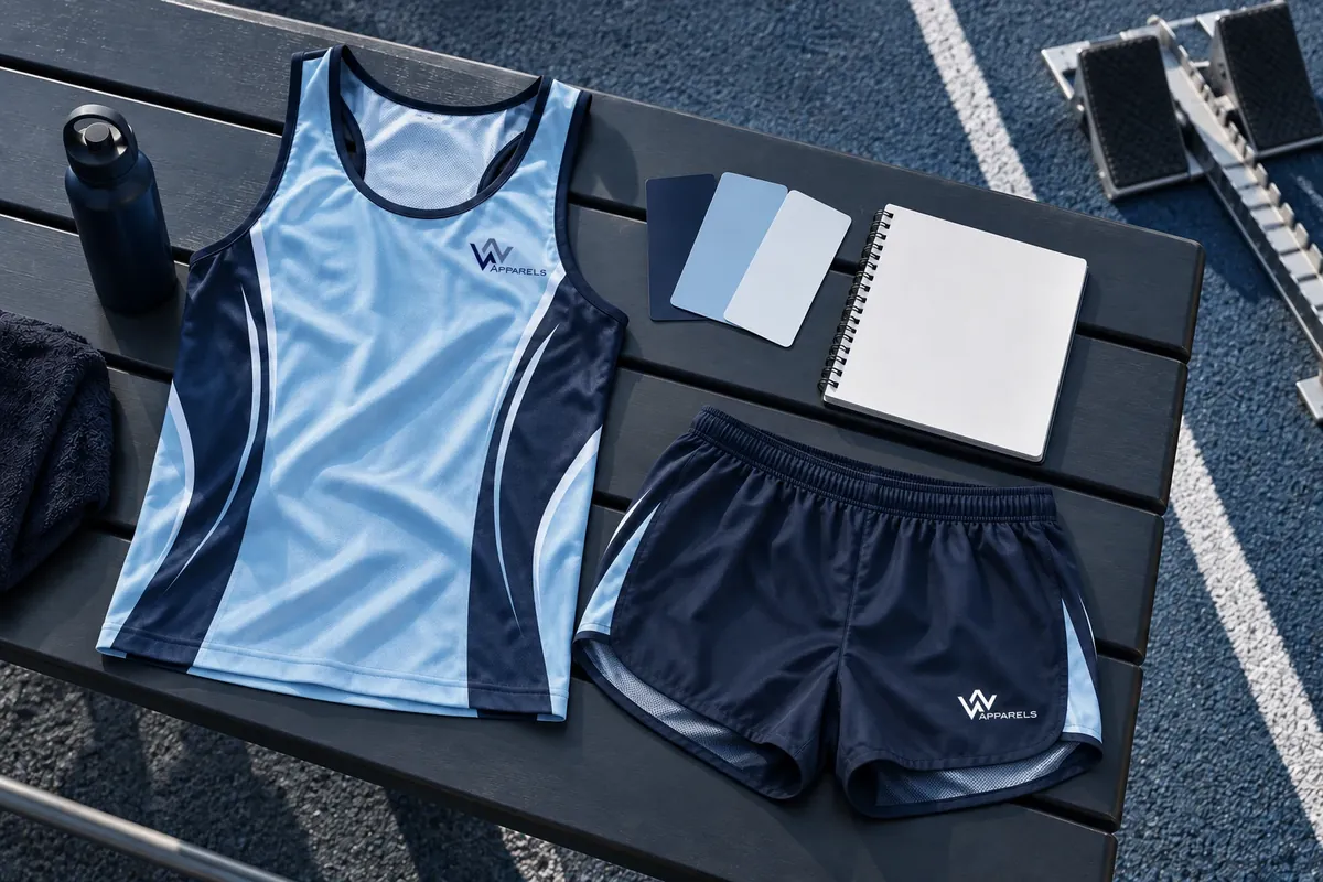 Flat lay of a racing singlet, shorts and colour swatches