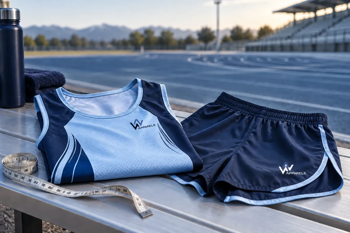 Folded singlet and running shorts on a trackside bench with a tape measure