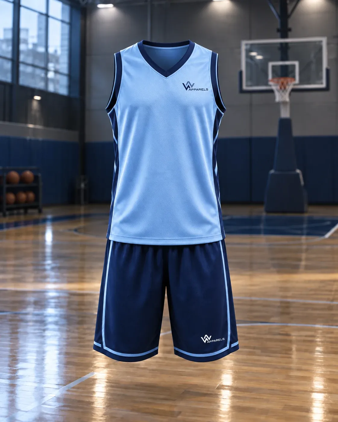 Sky-blue home basketball jersey and navy shorts on an arena court