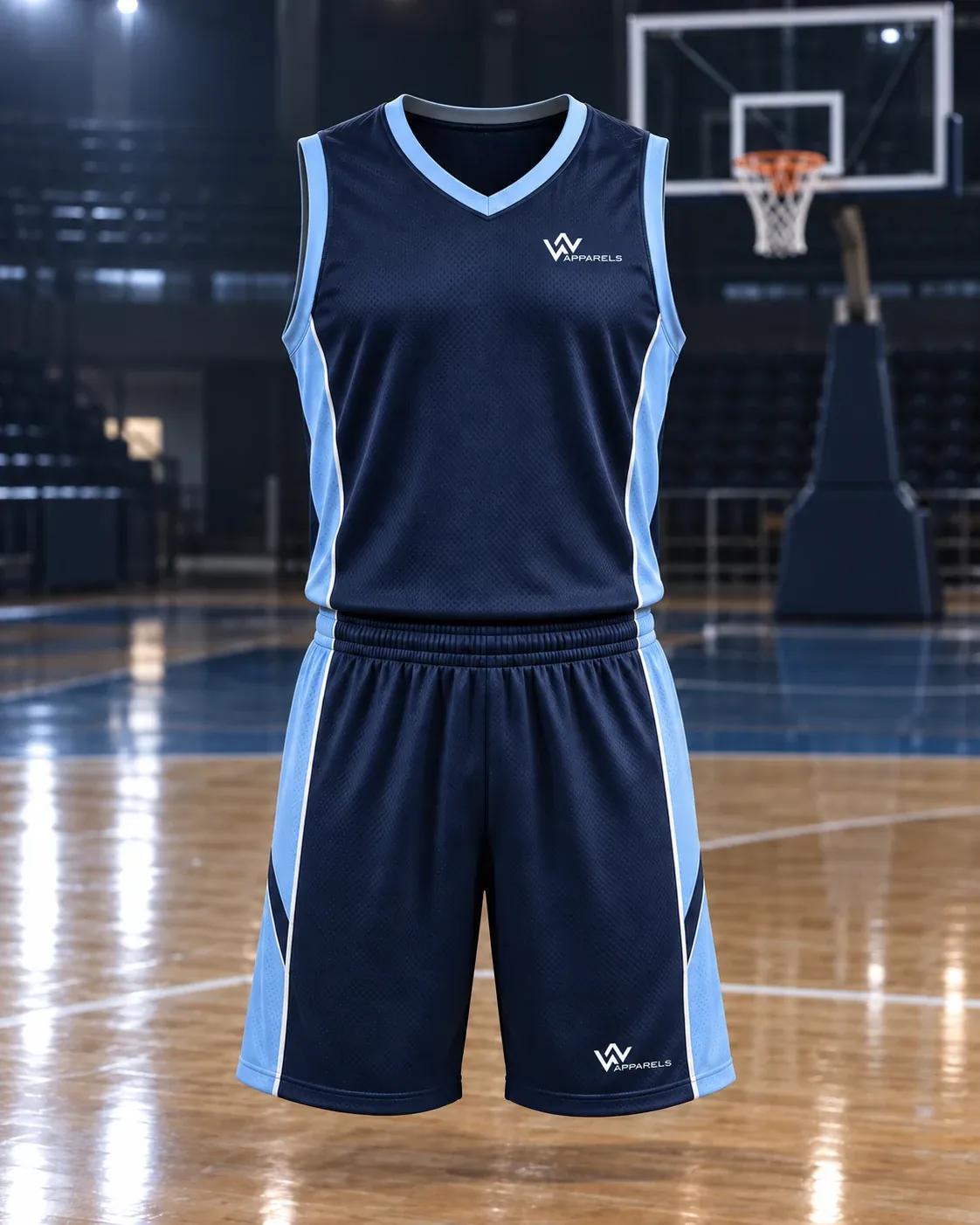 Navy away basketball jersey with sky-blue shorts
