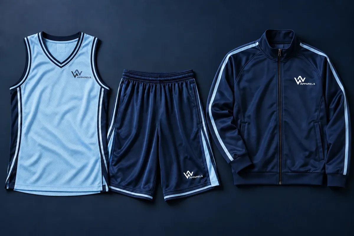 Flat lay of a basketball jersey, shorts and navy warm-up jacket