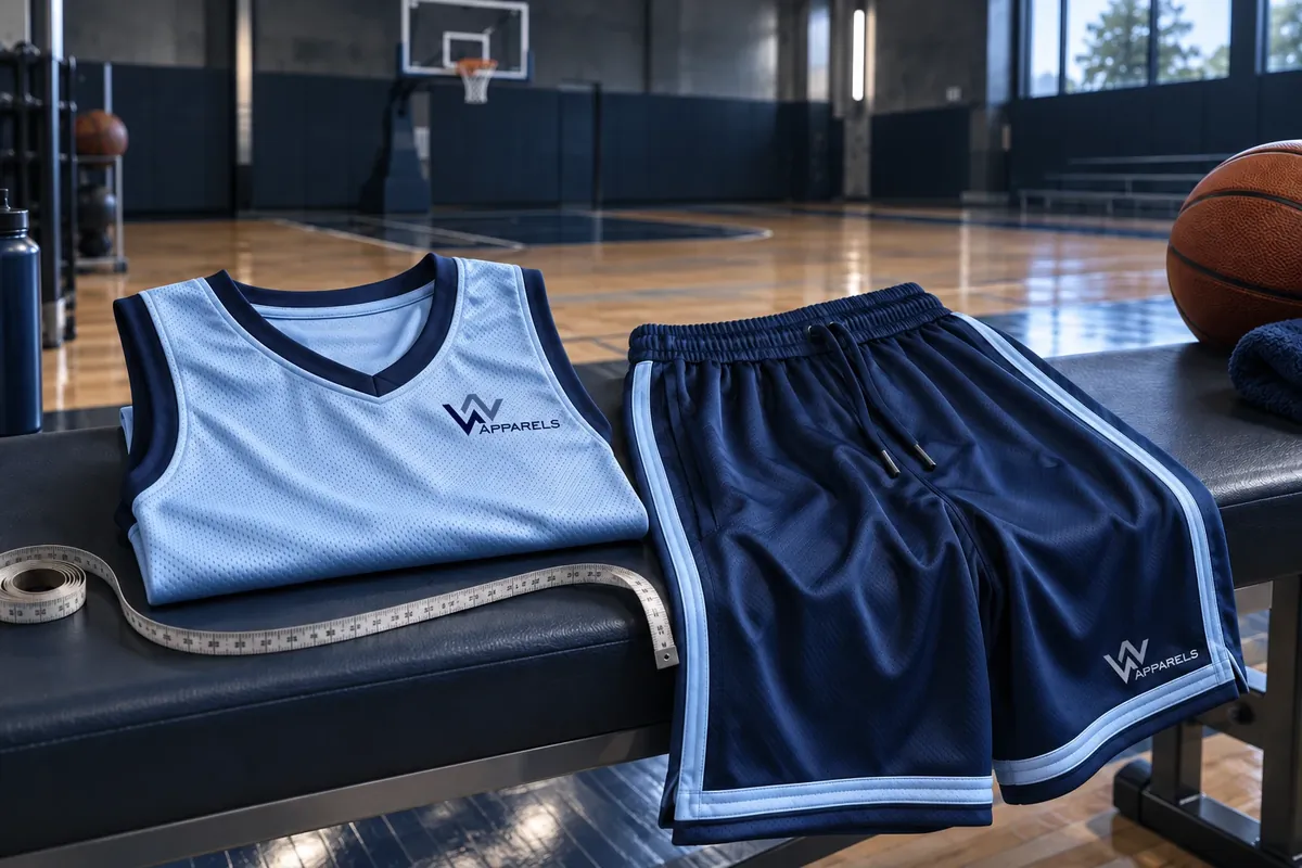 Folded basketball jersey and shorts on a bench with a tape measure