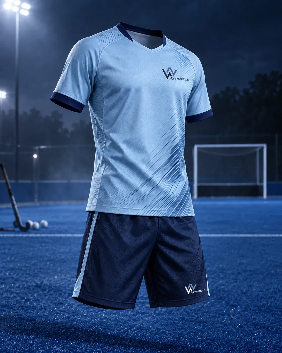 Short-sleeve sky-blue hockey shirt with navy shorts on blue turf