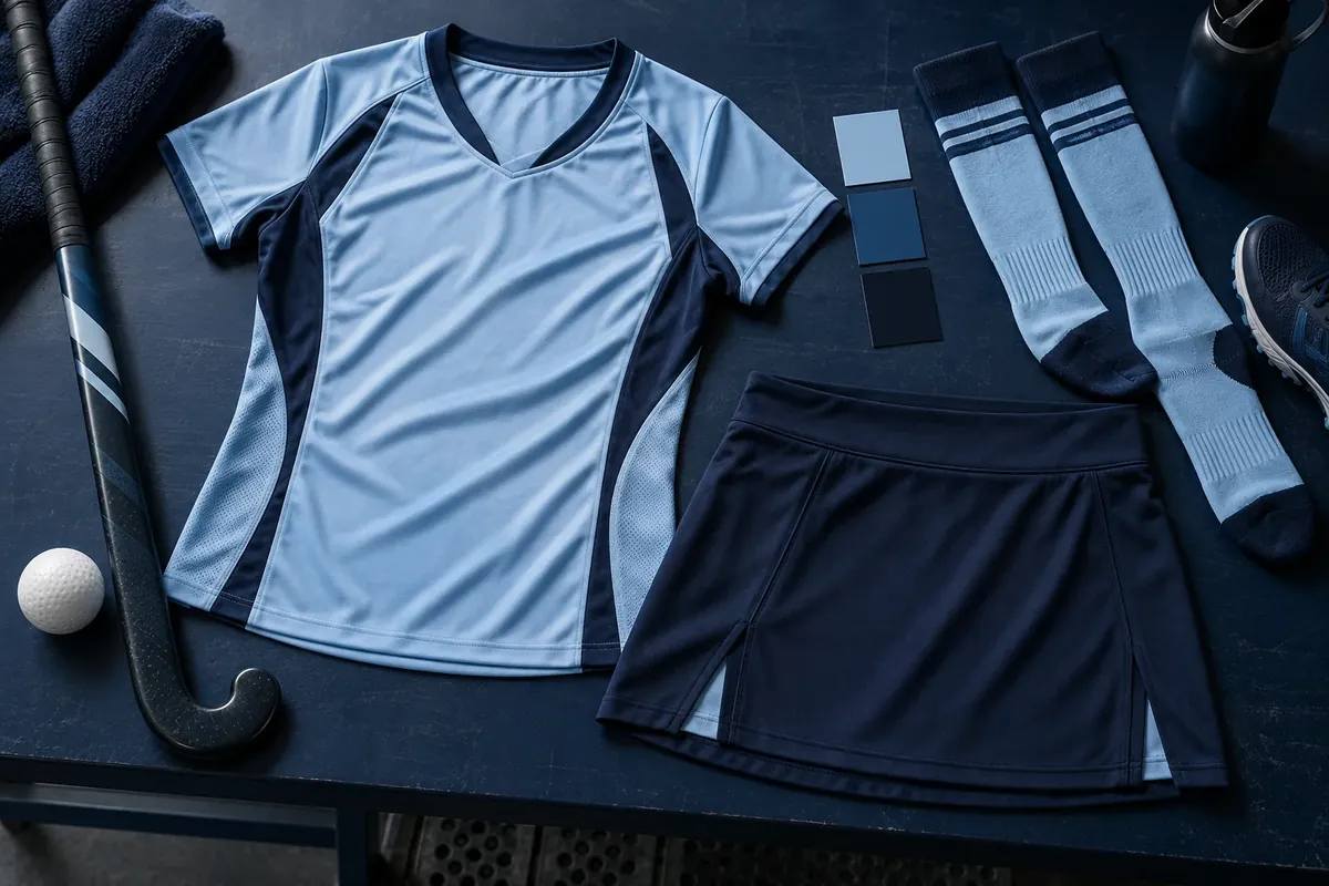 Flat lay of a hockey shirt, skort, socks and a stick
