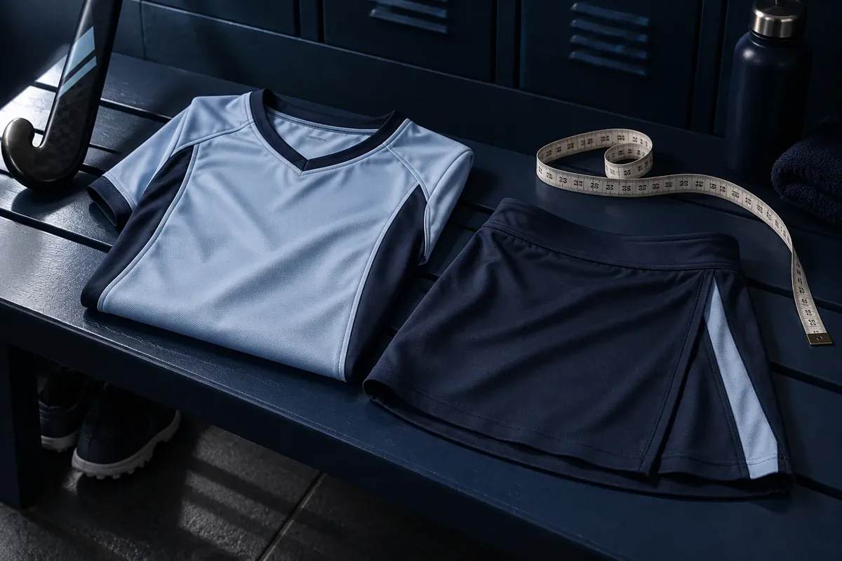 Folded hockey shirt and skort in a locker room with a tape measure