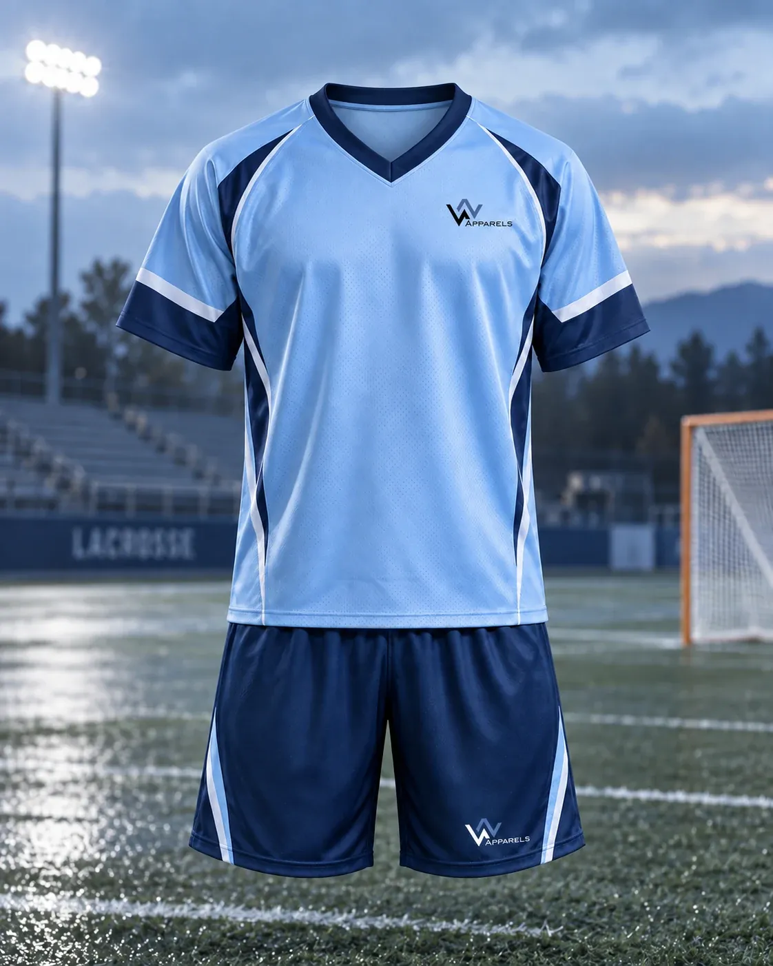 Sky-blue lacrosse jersey with navy shorts on the field