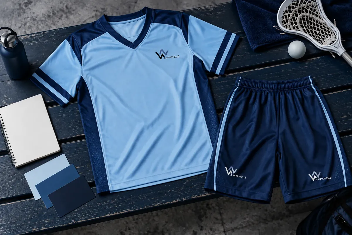 Flat lay of a lacrosse jersey and shorts with colour swatches