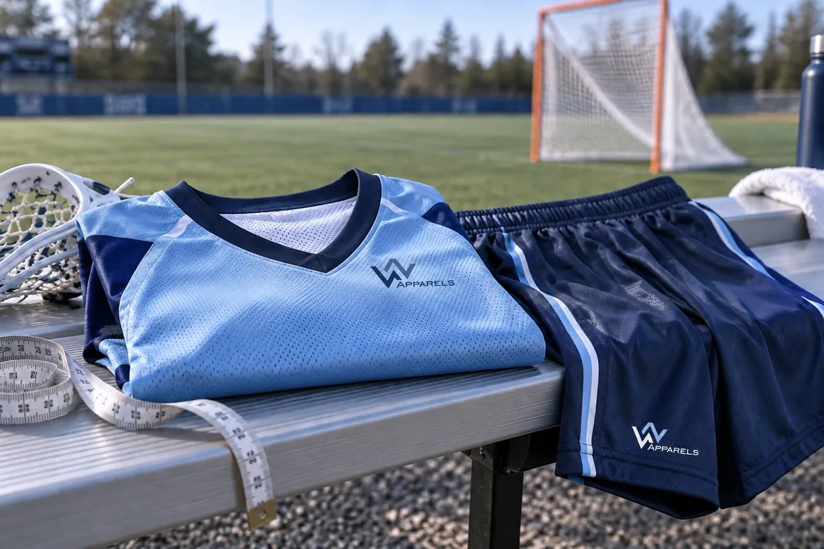 Folded lacrosse jersey and shorts on a bench with a tape measure
