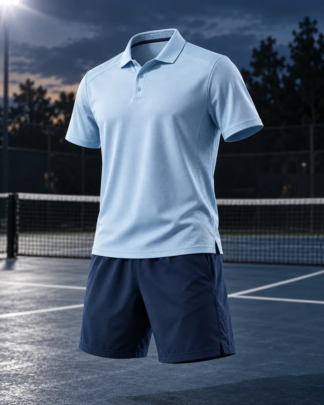 Sky-blue court polo with navy shorts by the net