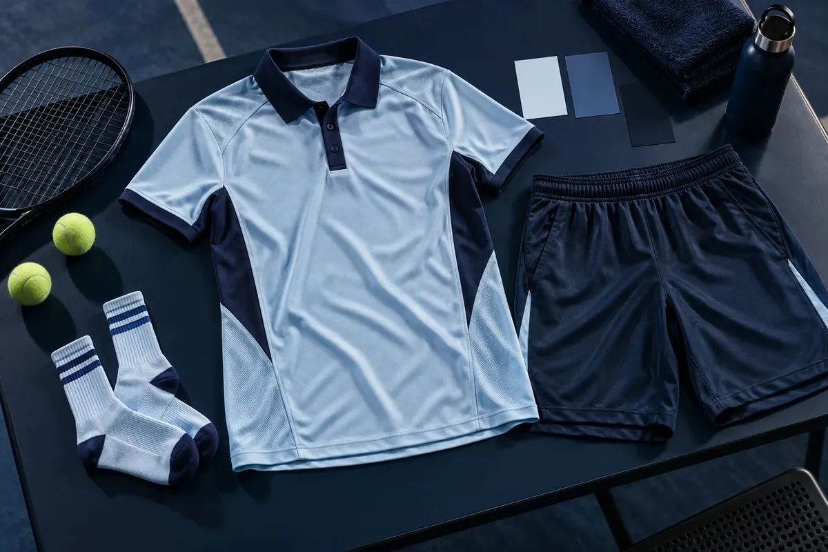 Flat lay of a court polo, shorts, socks and tennis balls