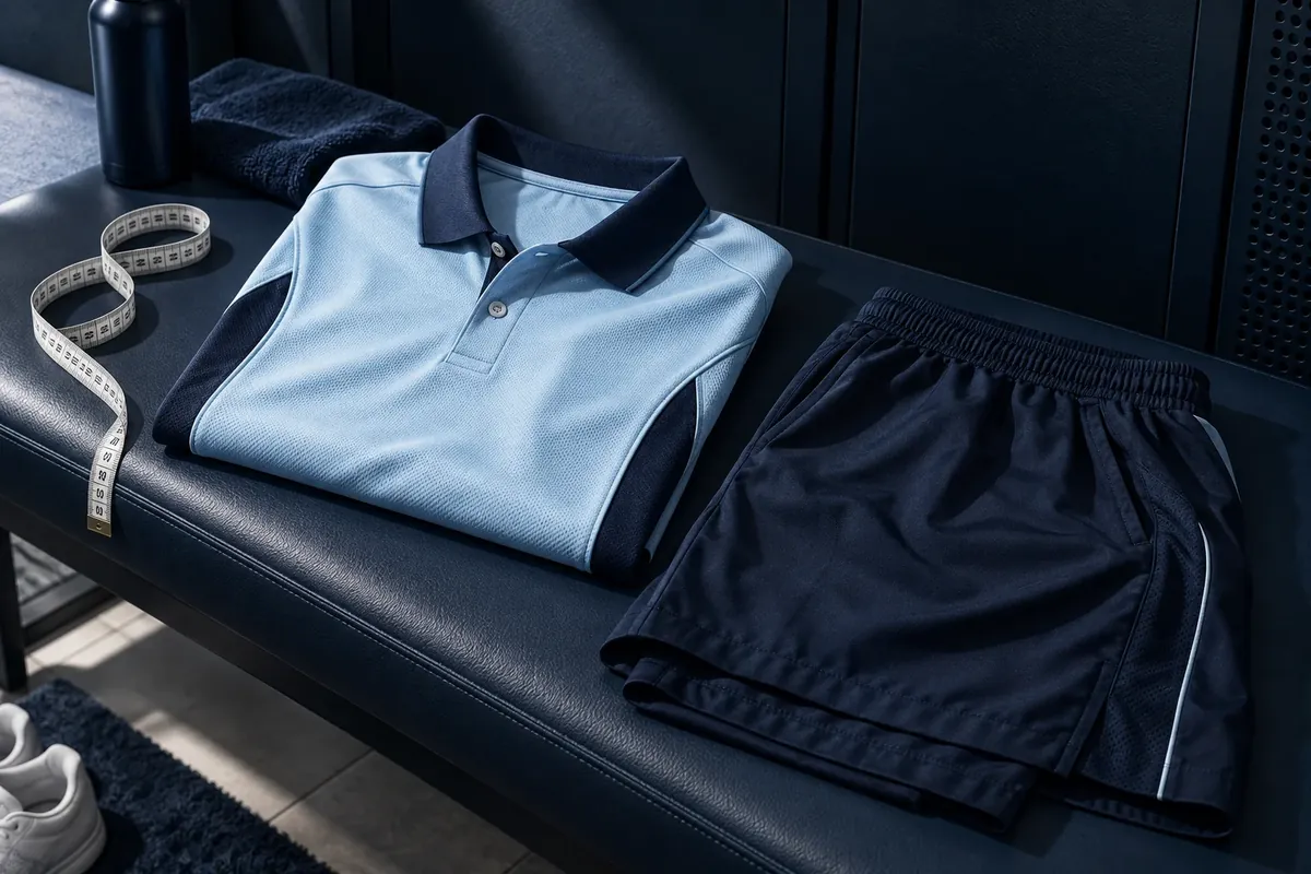 Folded polo and shorts on a bench with a tape measure