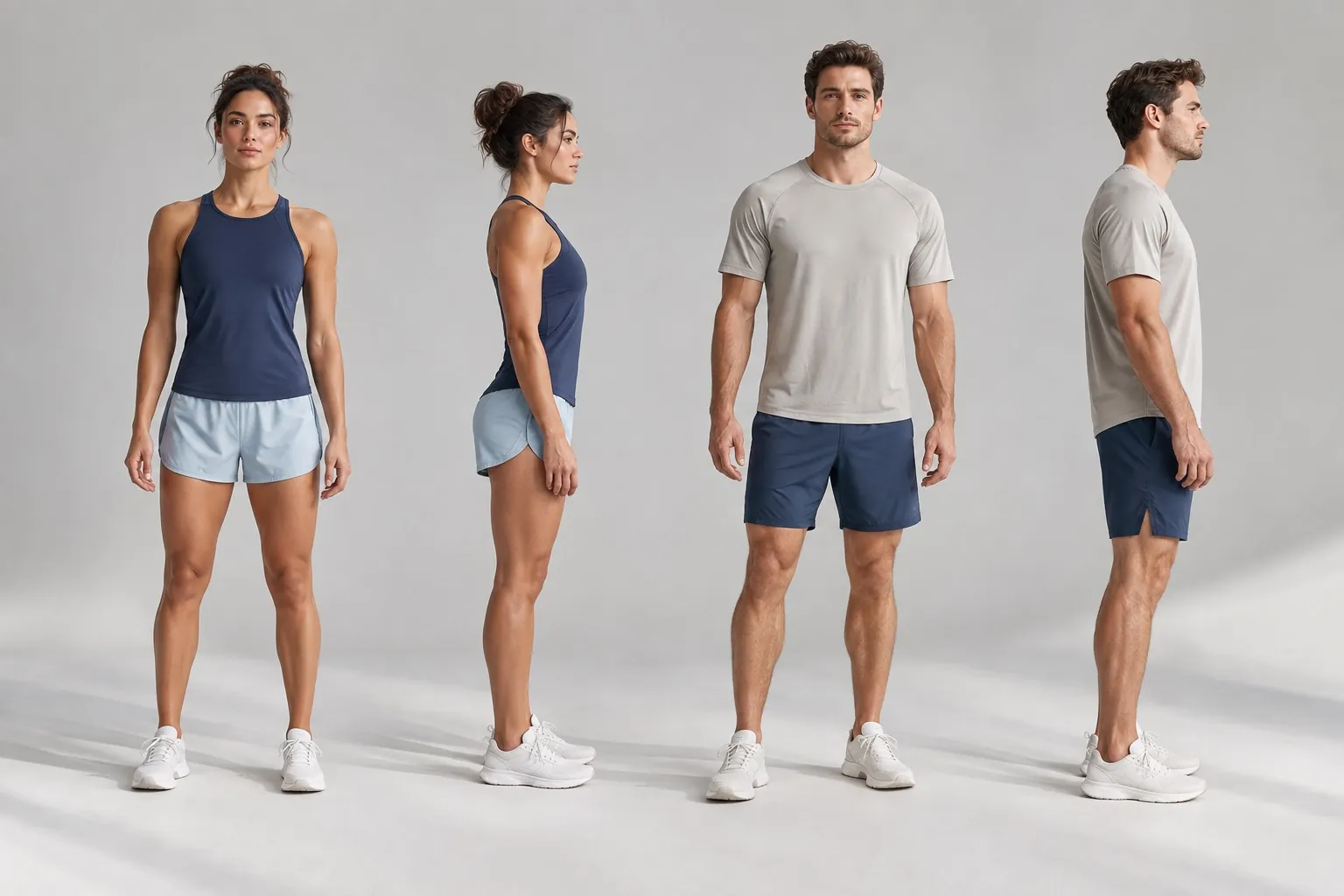 Front and side views of models in gym tops, shorts and leggings