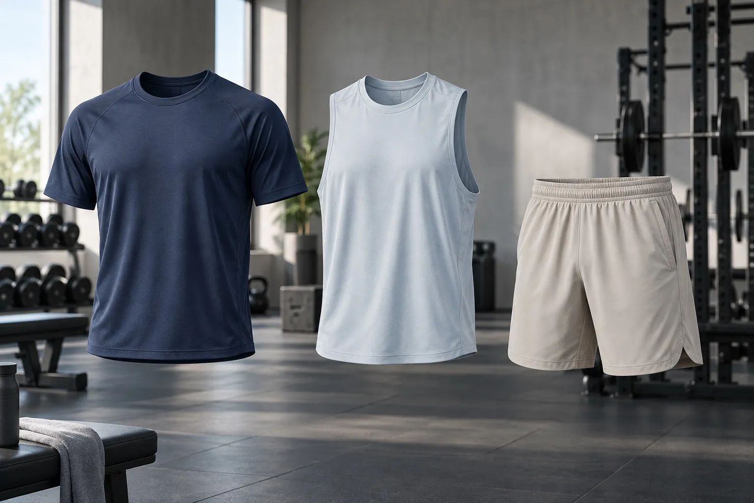 Navy tee, white tank and stone shorts in a concrete gym