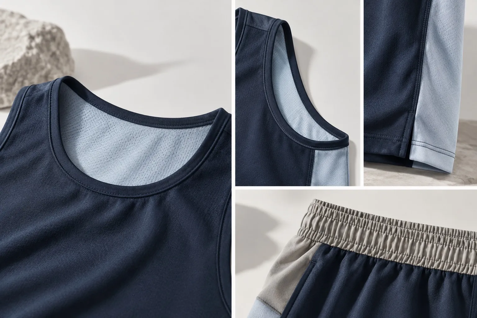 Running wear details: neckline, armhole, hem and waistband close-ups