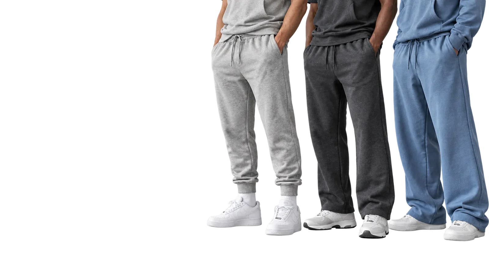 Three pairs of joggers worn in heather grey, charcoal and washed blue, from tapered to wide-leg