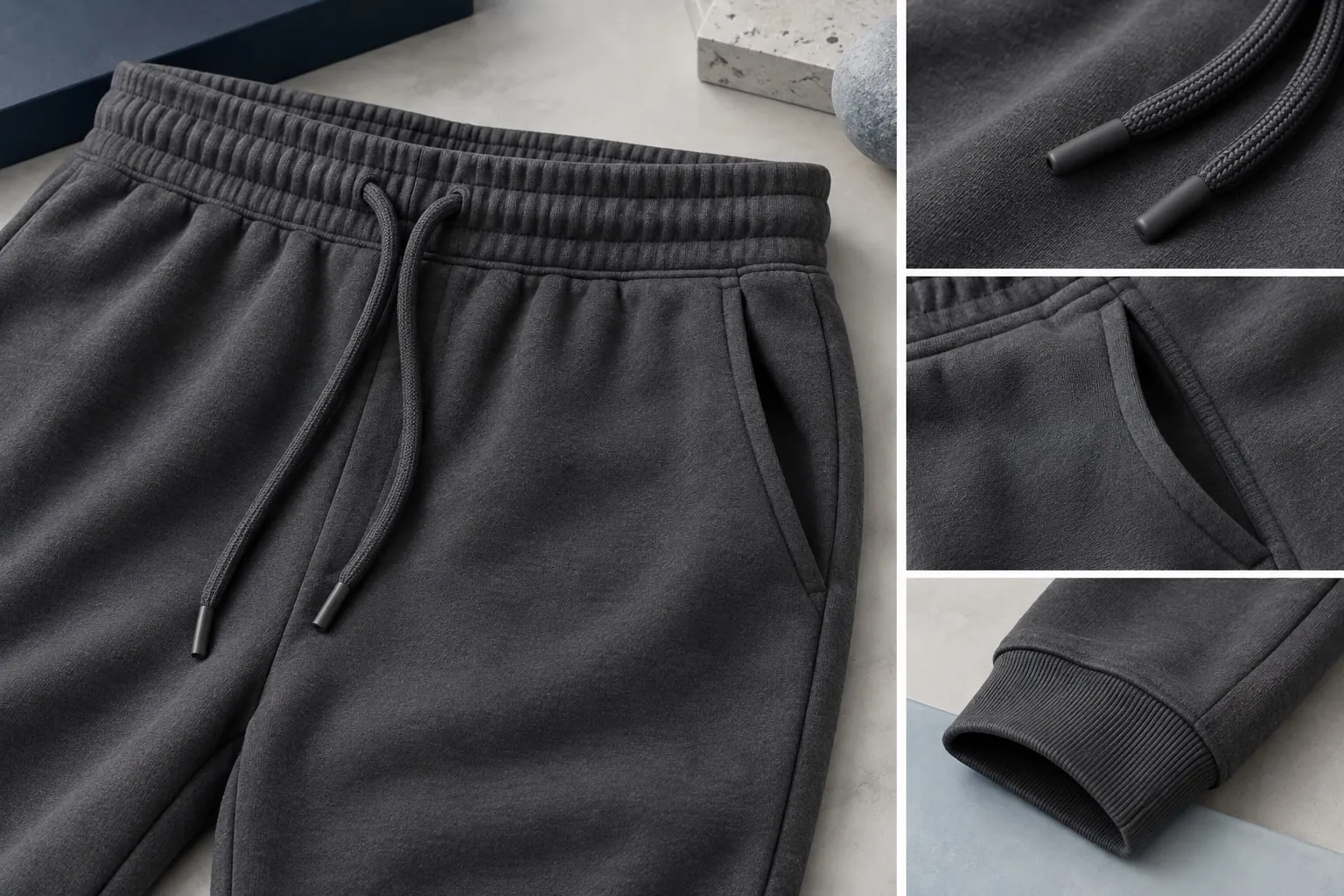 Charcoal jogger details: waistband and drawcord, pocket and rib cuff
