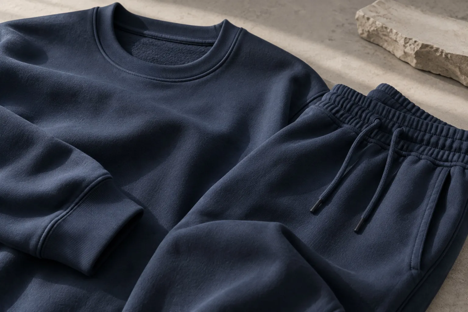 Close-up of a navy sweatshirt and matching sweatpants