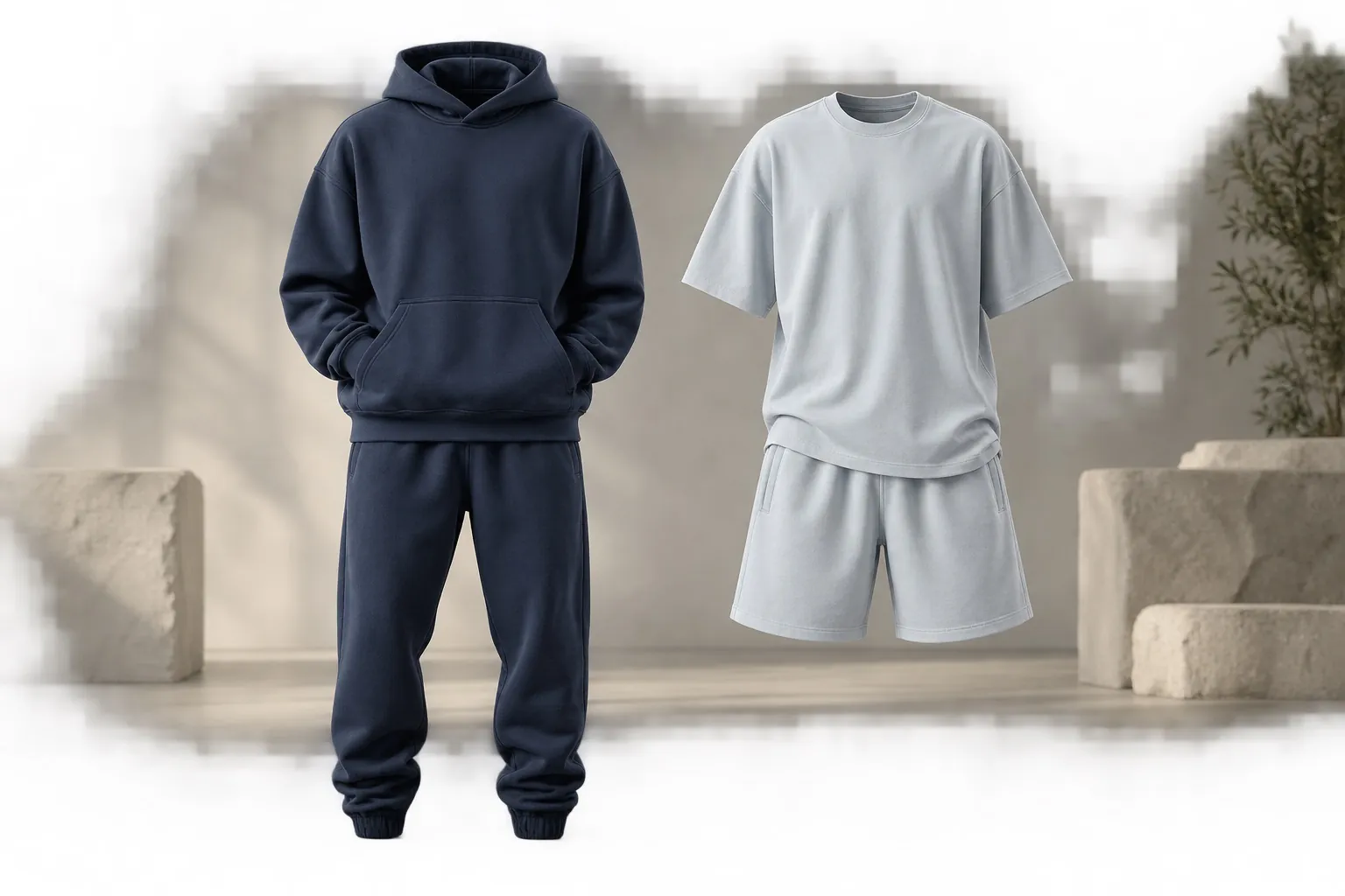 A navy hoodie and jogger set beside a sky tee and shorts set