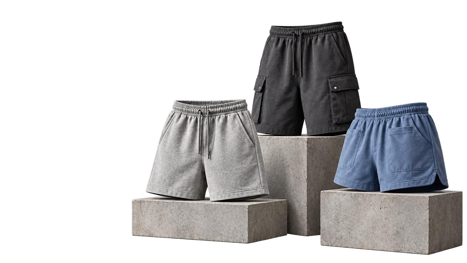 Three pairs of fleece shorts in heather grey, charcoal cargo and washed blue on concrete plinths